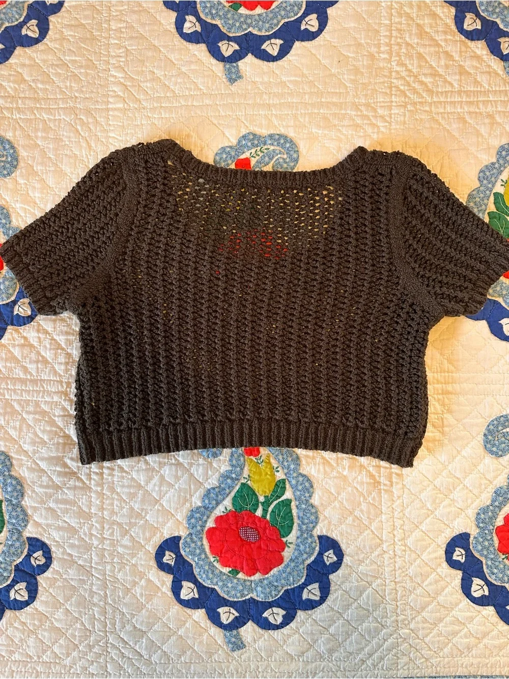Free People Brown Cropped Open-Knit Short Sleeve Crocheted Top